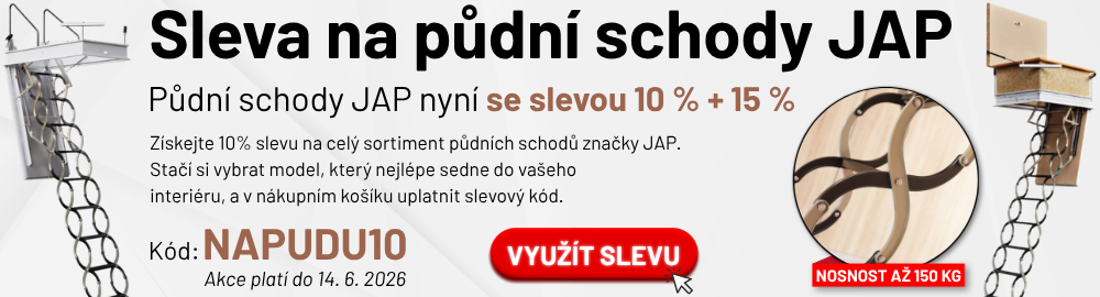 Využijte slevu až 25 % na zateplené půdní schody JAP s kódem NAPUDU10. 📦 Doprava zdarma a rychlé dodání pro modely Lusso, Aristo i Kombo! 🛠️